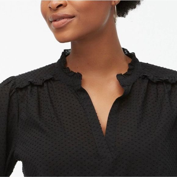 J. Crew GUC Polka Dot Embroidery V-neck Ruffle Details Blouse Top Size XS Black - Picture 2 of 6